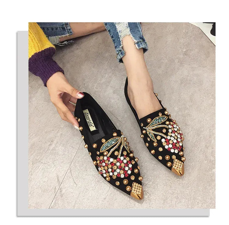 KissICON Woman Flats Shoes Rhinestone Cherry 2025 Spring New