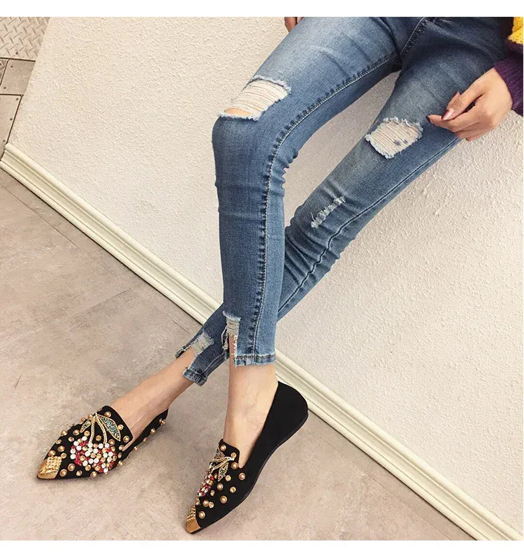 KissICON Woman Flats Shoes Rhinestone Cherry 2025 Spring New