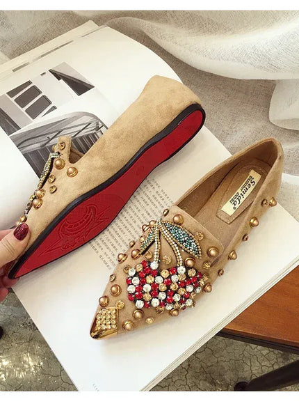 KissICON Woman Flats Shoes Rhinestone Cherry 2025 Spring New