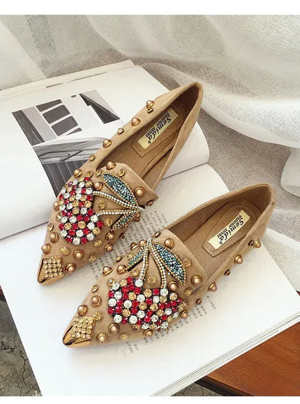KissICON Woman Flats Shoes Rhinestone Cherry 2025 Spring New