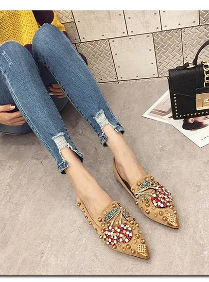 KissICON Woman Flats Shoes Rhinestone Cherry 2025 Spring New