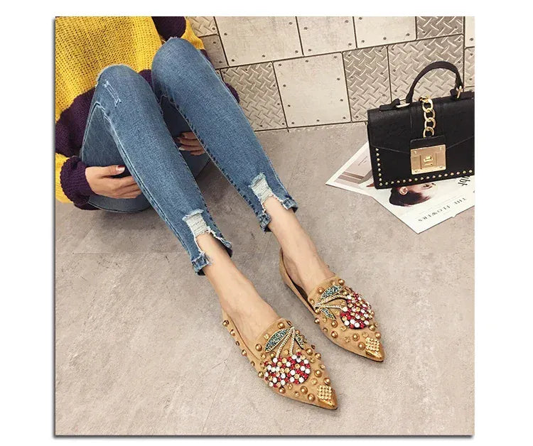 KissICON Woman Flats Shoes Rhinestone Cherry 2025 Spring New