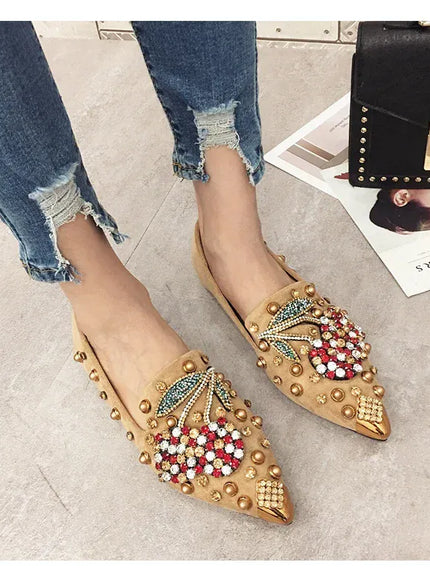 KissICON Woman Flats Shoes Rhinestone Cherry 2025 Spring New