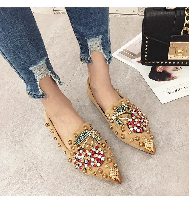 KissICON Woman Flats Shoes Rhinestone Cherry 2025 Spring New