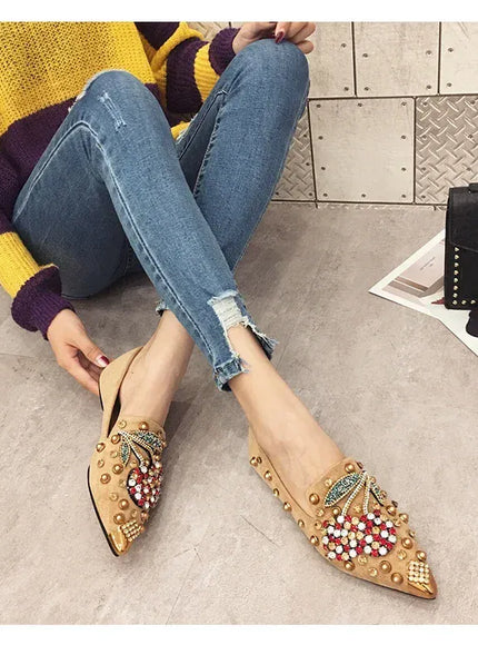 KissICON Woman Flats Shoes Rhinestone Cherry 2025 Spring New