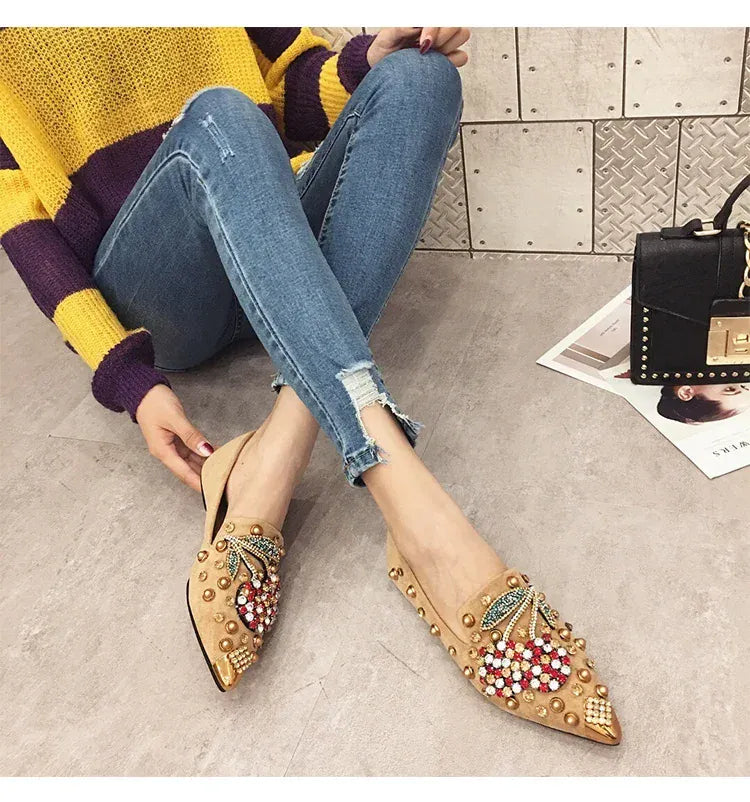 KissICON Woman Flats Shoes Rhinestone Cherry 2025 Spring New
