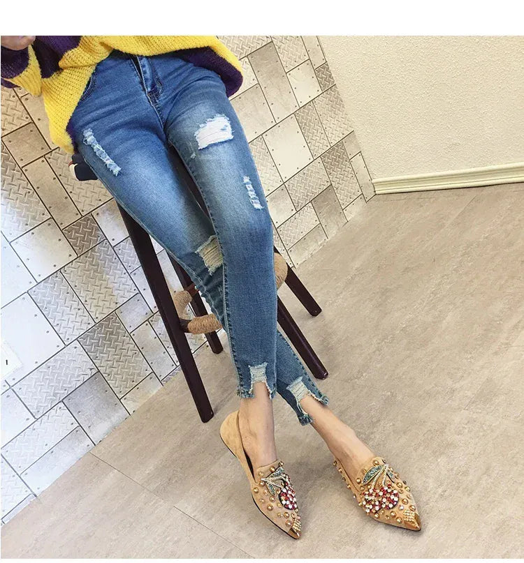 KissICON Woman Flats Shoes Rhinestone Cherry 2025 Spring New