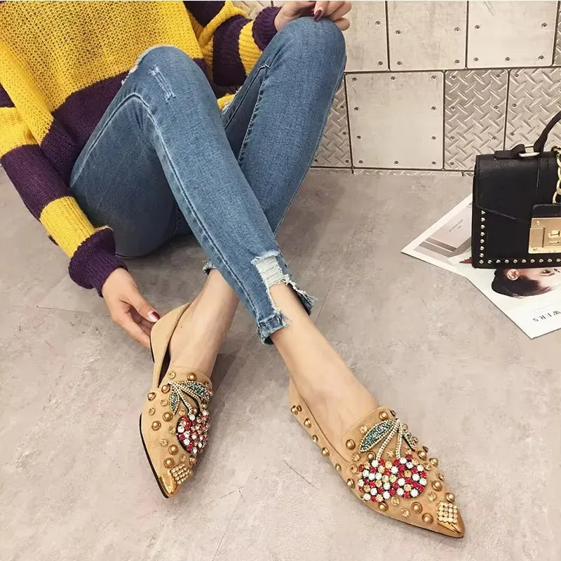 KissICON Woman Flats Shoes Rhinestone Cherry 2025 Spring New