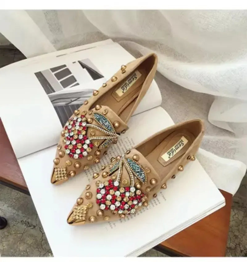 KissICON Woman Flats Shoes Rhinestone Cherry 2025 Spring New