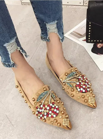 KissICON Woman Flats Shoes Rhinestone Cherry 2025 Spring New