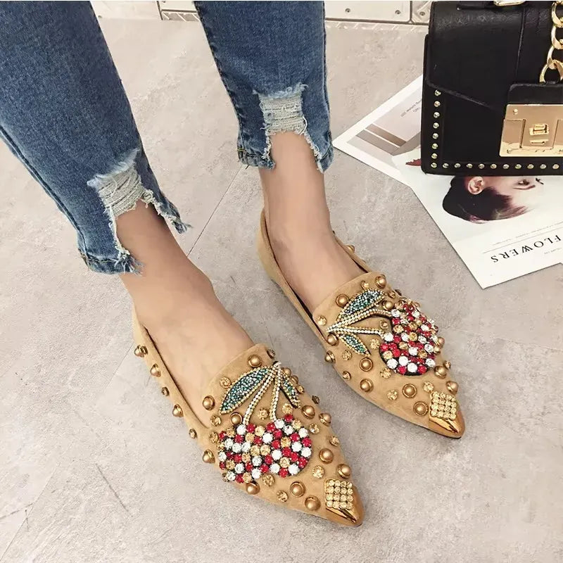 KissICON Woman Flats Shoes Rhinestone Cherry 2025 Spring New