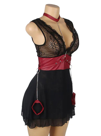 KissICON Woman Lady V-neck Bondage Nightdress Sheer Nightie LingerieLace Nightwear Belt Skirt Sexy Black Mini Pajamas Set From M-5XL