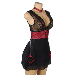 KissICON Woman Lady V-neck Bondage Nightdress Sheer Nightie LingerieLace Nightwear Belt Skirt Sexy Black Mini Pajamas Set From M-5XL