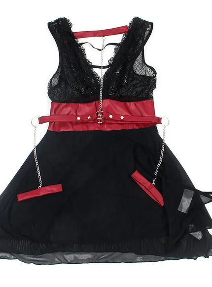 KissICON Woman Lady V-neck Bondage Nightdress Sheer Nightie LingerieLace Nightwear Belt Skirt Sexy Black Mini Pajamas Set From M-5XL