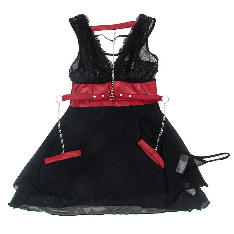 KissICON Woman Lady V-neck Bondage Nightdress Sheer Nightie LingerieLace Nightwear Belt Skirt Sexy Black Mini Pajamas Set From M-5XL