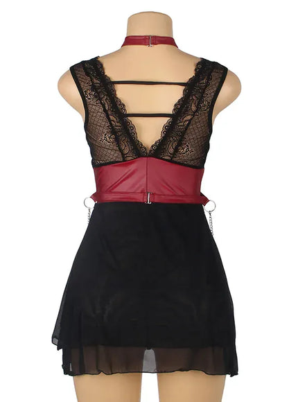 KissICON Woman Lady V-neck Bondage Nightdress Sheer Nightie LingerieLace Nightwear Belt Skirt Sexy Black Mini Pajamas Set From M-5XL
