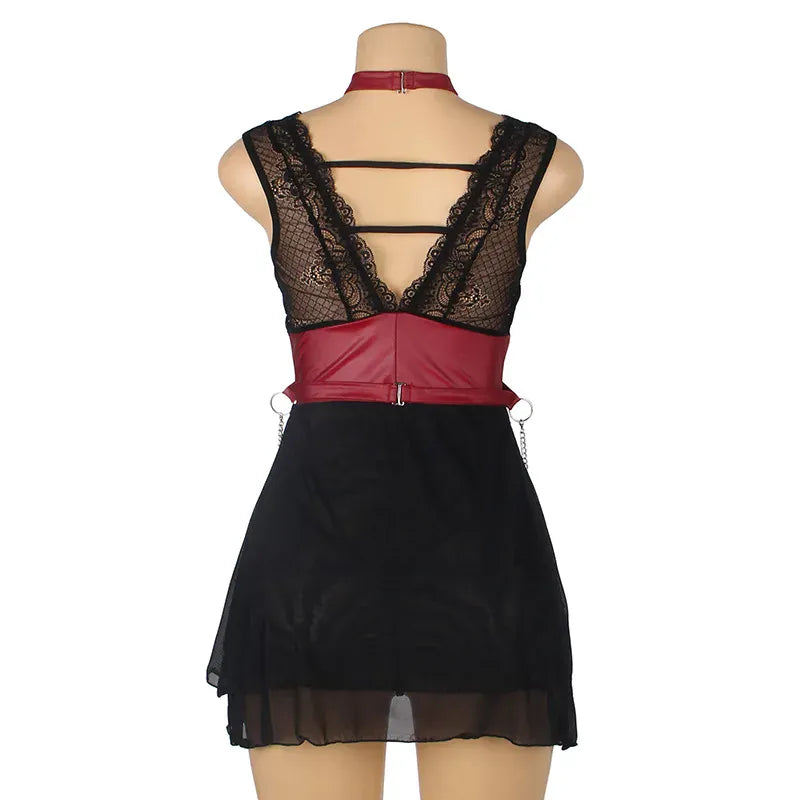 KissICON Woman Lady V-neck Bondage Nightdress Sheer Nightie LingerieLace Nightwear Belt Skirt Sexy Black Mini Pajamas Set From M-5XL