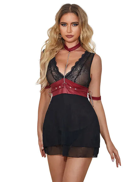 KissICON Woman Lady V-neck Bondage Nightdress Sheer Nightie LingerieLace Nightwear Belt Skirt Sexy Black Mini Pajamas Set From M-5XL