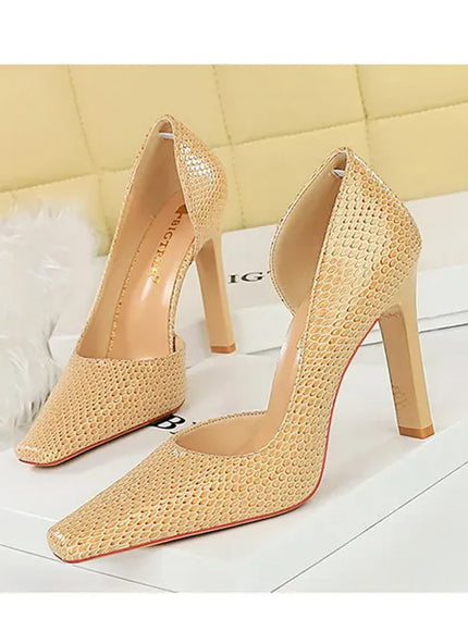 KissICON Woman Vintage Snake Print Pumps Square Toe Patent