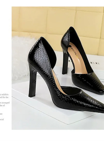 KissICON Woman Vintage Snake Print Pumps Square Toe Patent