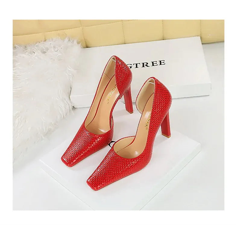 KissICON Woman Vintage Snake Print Pumps Square Toe Patent