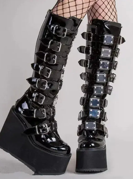KissICON Women Boots Cosplay Ladies High Heel Platform Wedges