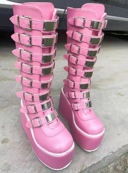 KissICON Women Boots Cosplay Ladies High Heel Platform Wedges