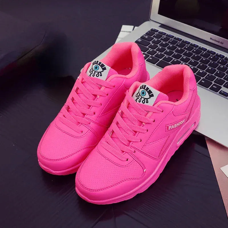 Dropshipman Women Fashion Sneakers Air Cushion Sports Shoes Pu Leather Blue Shoes White Pink Outdoor Walking Jogging Shoes Female Trainers