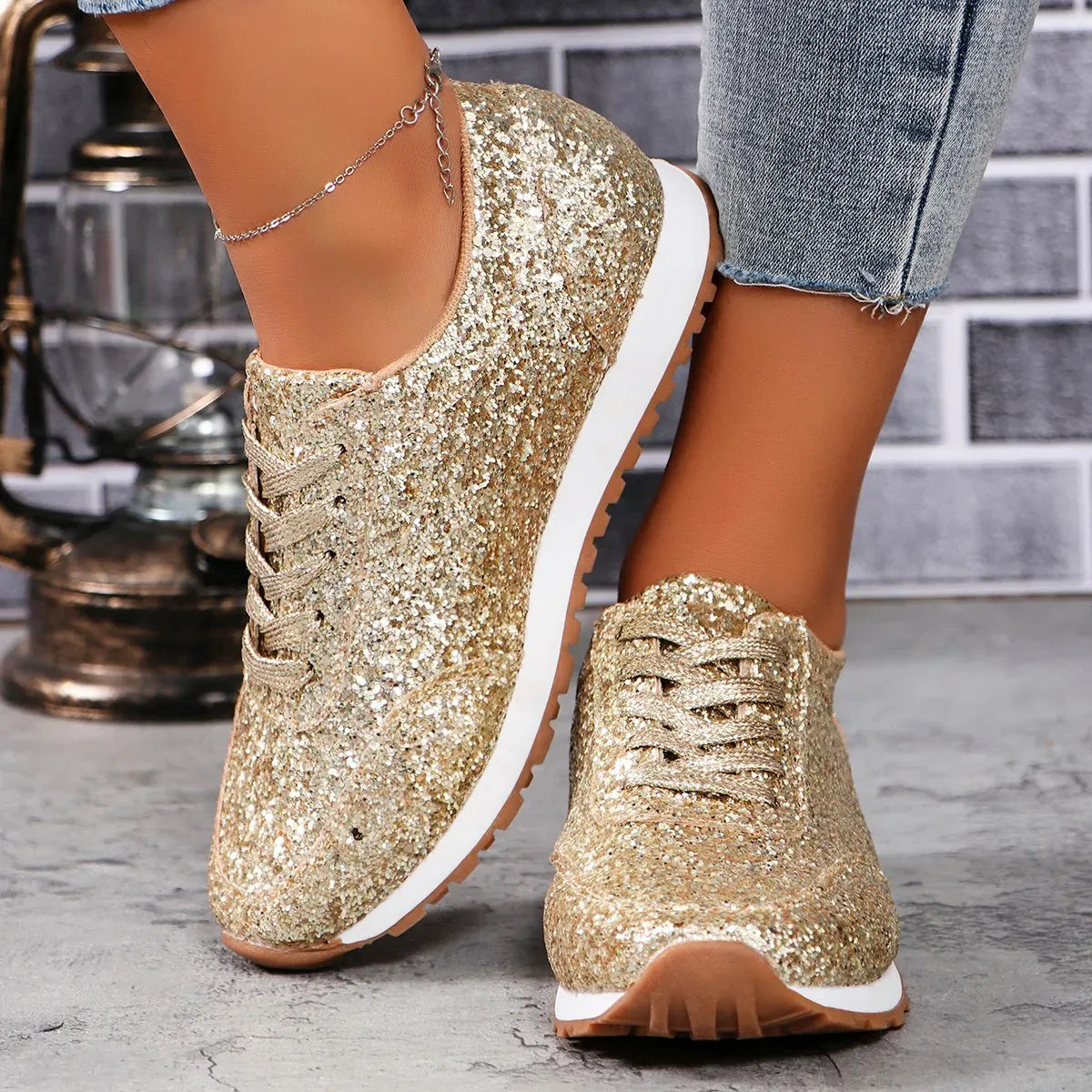 Dropshipman Women Flat Glitter Sneakers Casual Bling Vulcanized Shoes Female Mesh Lace Up Platform Comfort Plus Size Fashion Ladies Autumn