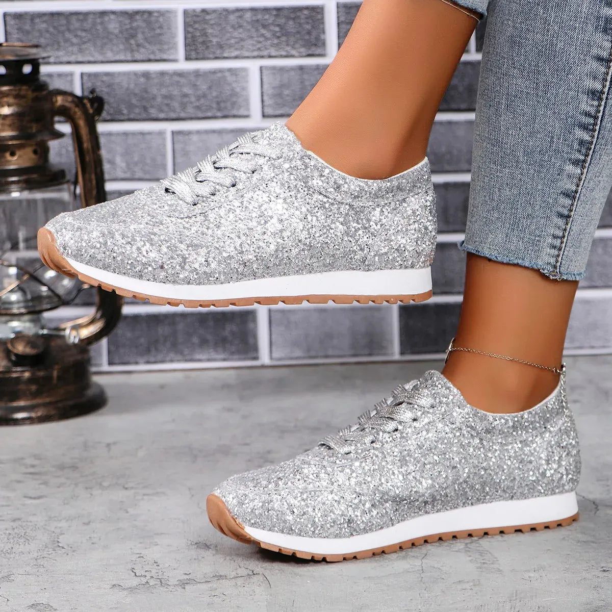 Dropshipman Women Flat Glitter Sneakers Casual Bling Vulcanized Shoes Female Mesh Lace Up Platform Comfort Plus Size Fashion Ladies Autumn