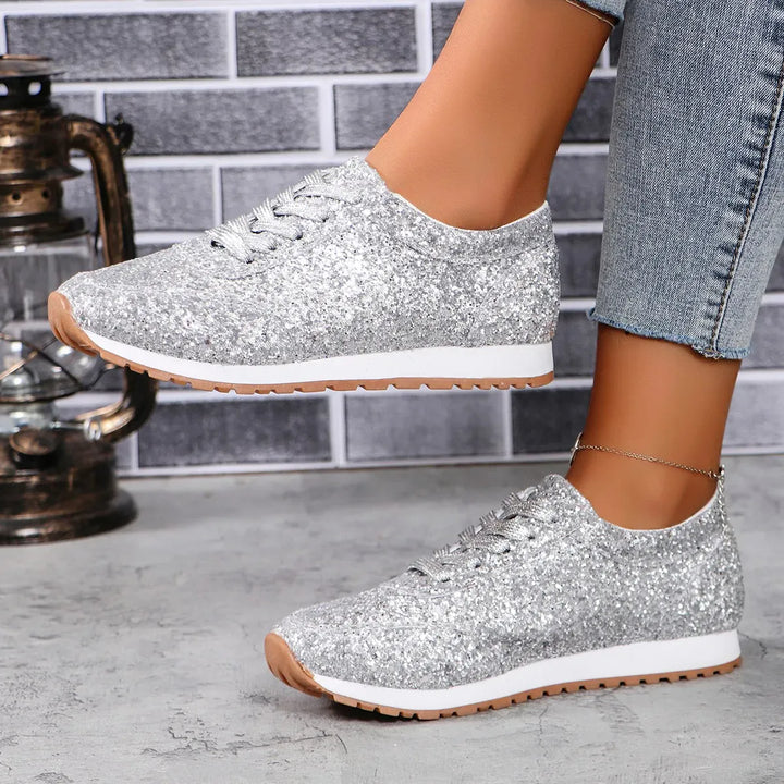 Women Flat Glitter Sneakers Casual Bling Vulcanized Shoes Female Mesh Lace Up Platform Comfort Plus Size Fashion Ladies Autumn