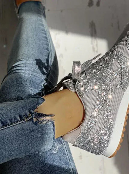 Dropshipman Women Flat Glitter Sneakers Casual Bling Vulcanized Shoes Female Mesh Lace Up Platform Comfort Plus Size Fashion Ladies Autumn99