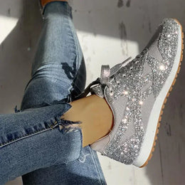 Dropshipman Women Flat Glitter Sneakers Casual Bling Vulcanized Shoes Female Mesh Lace Up Platform Comfort Plus Size Fashion Ladies Autumn99