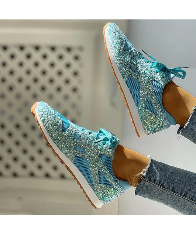 Dropshipman Women Flat Glitter Sneakers Casual Bling Vulcanized Shoes Female Mesh Lace Up Platform Comfort Plus Size Fashion Ladies Autumn99