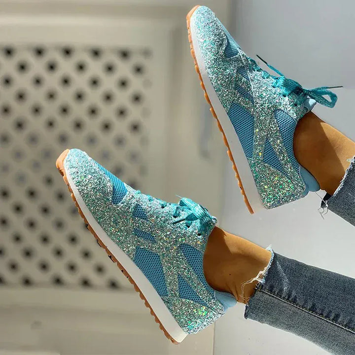 Women Flat Glitter Sneakers Casual Bling Vulcanized Shoes Female Mesh Lace Up Platform Comfort Plus Size Fashion Ladies Autumn99