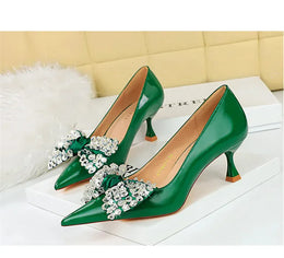 KissICON Women Green Pointed Toe Pumps Wedding Middle Low