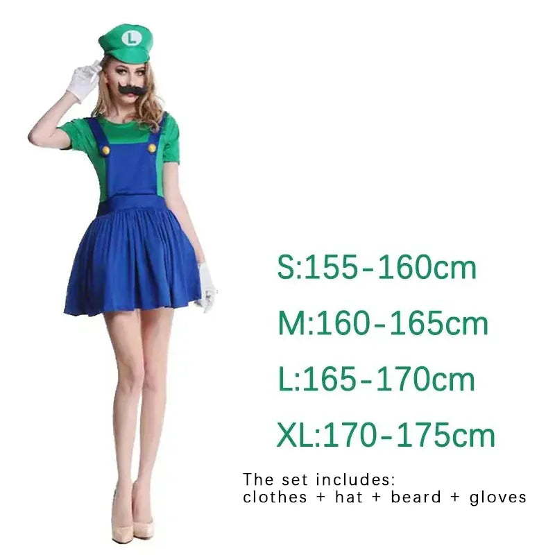 KissICON Women Green style / XL Game Marios Super Luigi Brothers Uniform Set Cosplay Costumes Funny Anime Adult Men Jumpsuit Woman Dress Halloween Costume