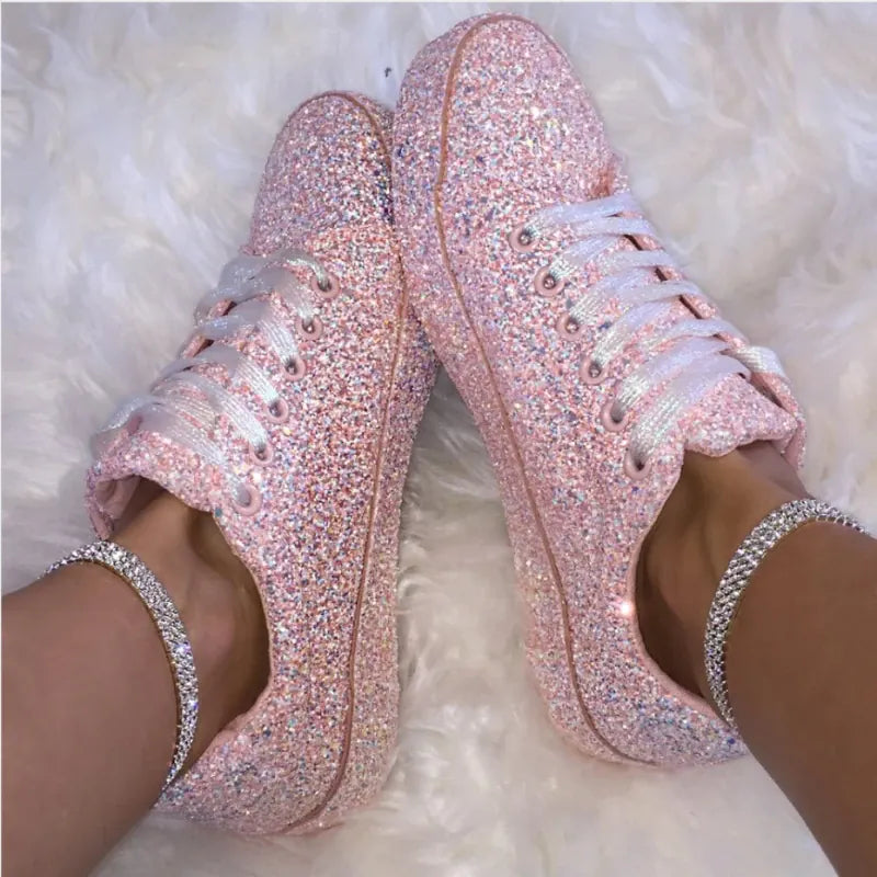 Dropshipman Women Lace Up Sneakers Glitter Summer Flats Vulcanized Shoes Ladies Bling Casual Female Fashion Platform Shoe Zapatos De Mujer