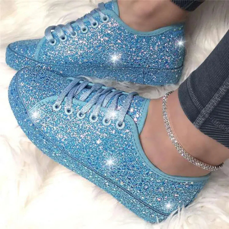 Dropshipman Women Lace Up Sneakers Glitter Summer Flats Vulcanized Shoes Ladies Bling Casual Female Fashion Platform Shoe Zapatos De Mujer