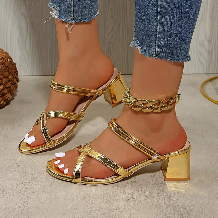 Women' Luxury Gold Pu Leather High Heel Sandals