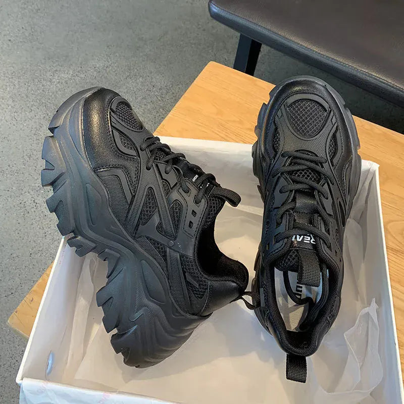 Dropshipman Women New Fashion Platform Sport Shoes Women 2024 New Summer Black Casual Chunky Sneakers Women Mesh Leather Platform Shoes