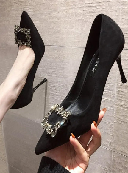KissICON Women New Mid Heeled Sandals Black Square Buckle