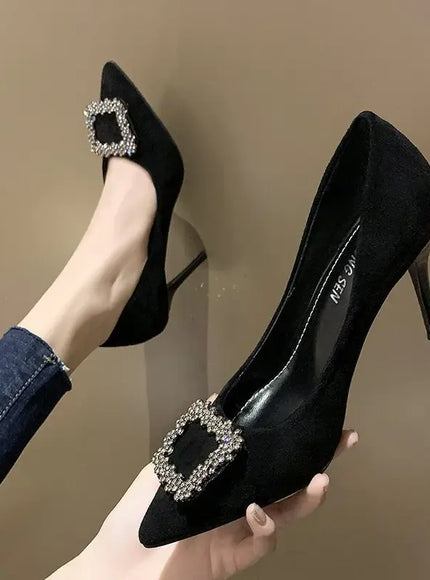 KissICON Women New Mid Heeled Sandals Black Square Buckle