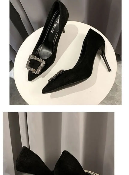 KissICON Women New Mid Heeled Sandals Black Square Buckle