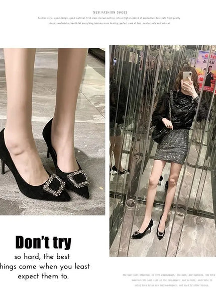 KissICON Women New Mid Heeled Sandals Black Square Buckle