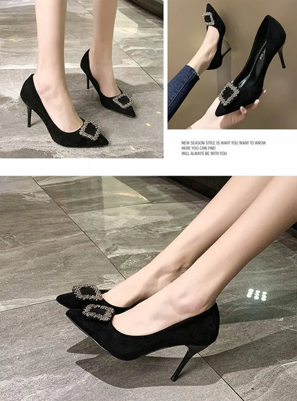 KissICON Women New Mid Heeled Sandals Black Square Buckle