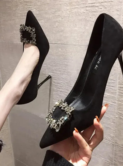 KissICON Women New Mid Heeled Sandals Black Square Buckle