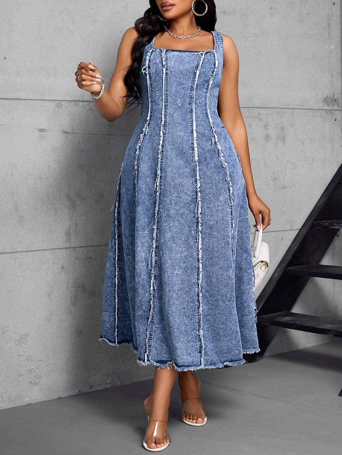 jkthpu-45 Women'S Adjustable Strap Maxi Dress - Sleeveless A-Line Denim Sun Dress with Chain Detail, Casual Blue Jean Dress for All Seasons, Perfect for Outdoor Gatherings, Versatile Fashion | Aline Silhouette | Nonstretch Fabric