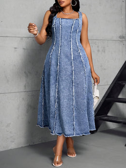 jkthpu-45 Women'S Adjustable Strap Maxi Dress - Sleeveless A-Line Denim Sun Dress with Chain Detail, Casual Blue Jean Dress for All Seasons, Perfect for Outdoor Gatherings, Versatile Fashion | Aline Silhouette | Nonstretch Fabric