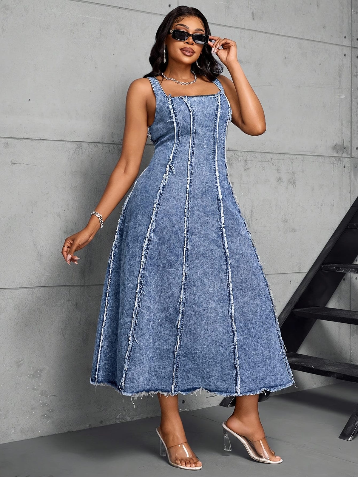 jkthpu-45 Women'S Adjustable Strap Maxi Dress - Sleeveless A-Line Denim Sun Dress with Chain Detail, Casual Blue Jean Dress for All Seasons, Perfect for Outdoor Gatherings, Versatile Fashion | Aline Silhouette | Nonstretch Fabric